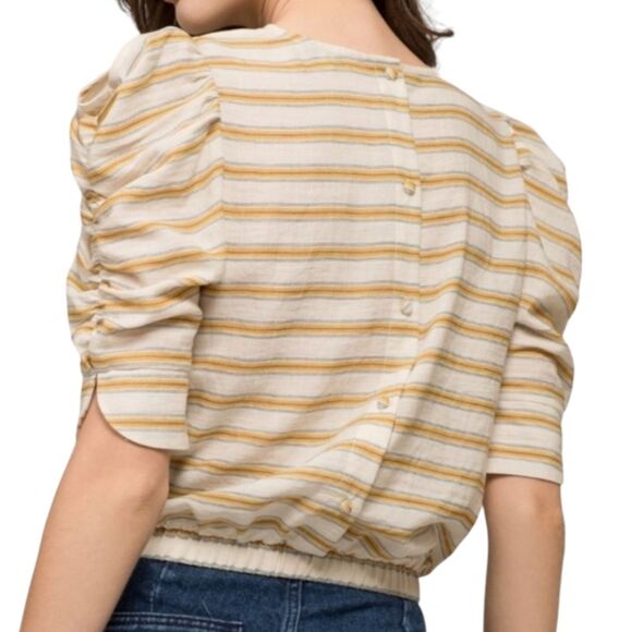 Anthro Moon River Linen Puffed Sleeve Top Crop Elastic Waist Yellow Stripe L - Picture 2 of 14